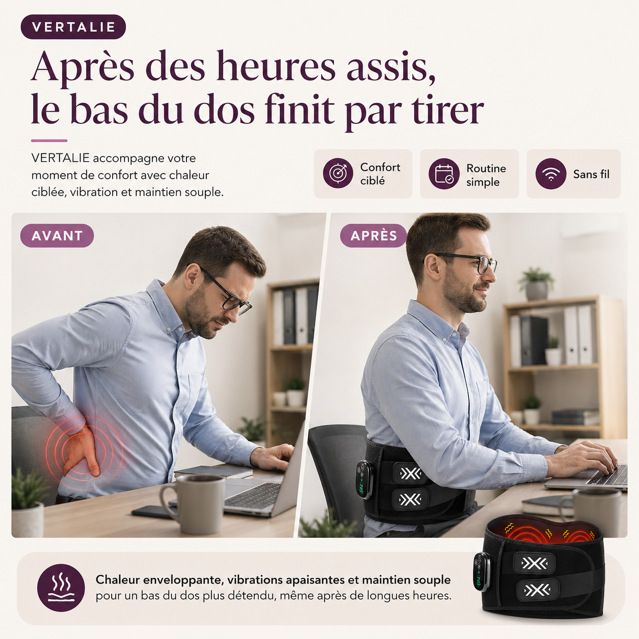 Ceinture lombaire chauffante et massante sans fil VERTALIE
