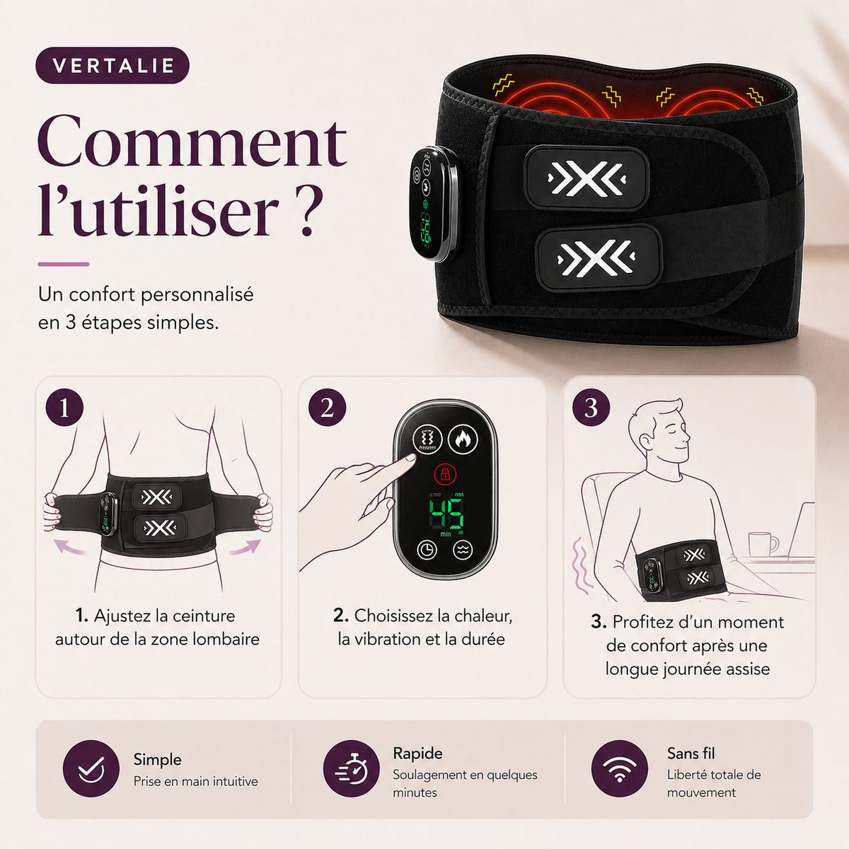 Ceinture lombaire chauffante et massante sans fil VERTALIE