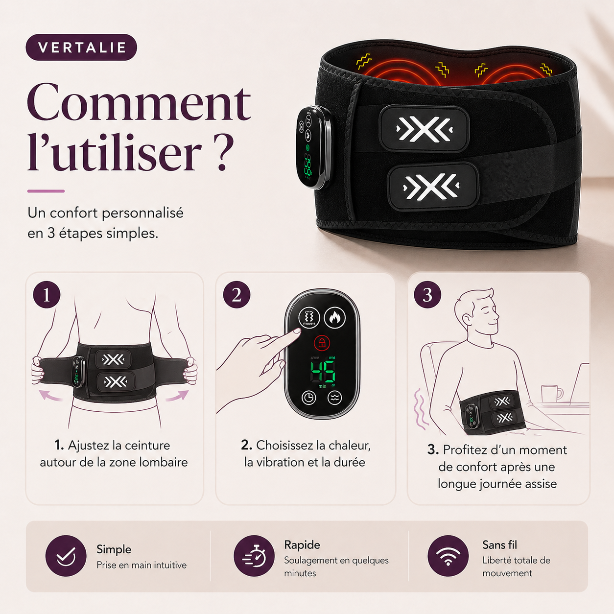 Ceinture lombaire chauffante et massante sans fil VERTALIE