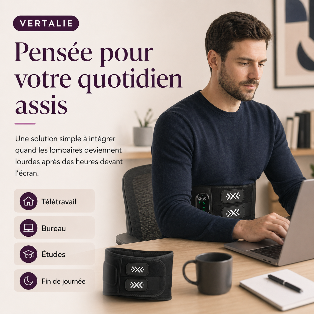 Ceinture lombaire chauffante et massante sans fil VERTALIE